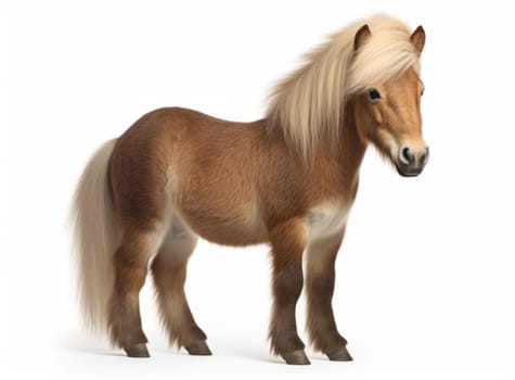 Beautiful brown pony with a flowing blonde mane, standing gracefully against a white background