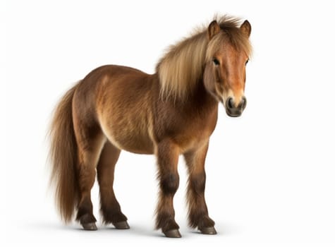 A cute brown pony with a white mane and tail standing in profile on a white background