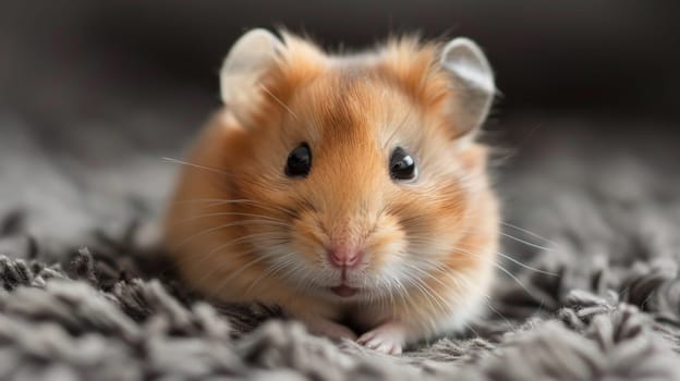 A small brown and white hamster sitting on a gray carpet