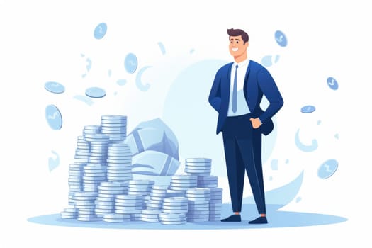 Profit the amount of money cartoon illustration - AI generated. Man, sitting, top, coin.