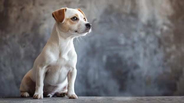 A small white and brown dog sitting on the ground