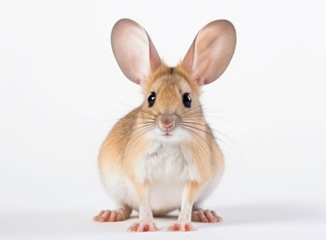 Greater Egyptian jerboa, sitting facing front. Close-up of Jaculus orientalis looks towards the camera. Exotic animal isolated on a white background