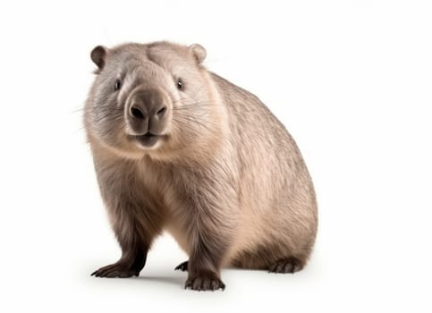 Cute brown rodent - wombat, standing alert against a white background, showcasing its detailed fur