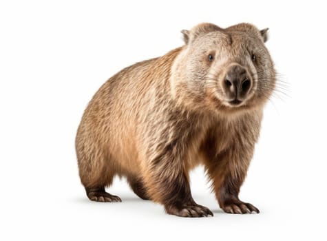 A curious wombat, a marsupial native to Australia, standing on all fours and facing the camera against a white background