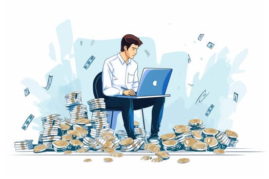 Profit the amount of money cartoon illustration - AI generated. Man, sitting, top, coin.