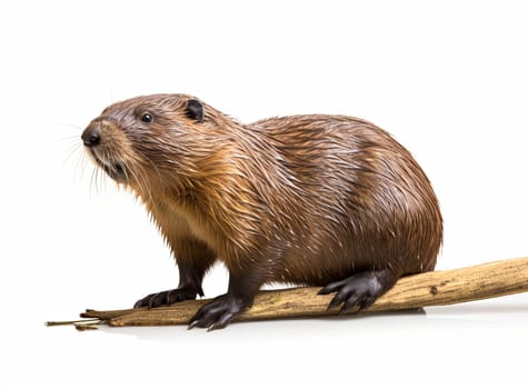 A beaver with a wet coat standing on a branch, looking to the left against a white background
