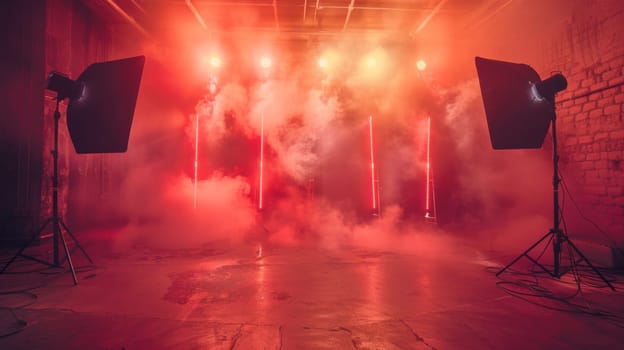 A room with red lights and smoke coming out of it