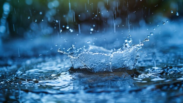 A close up of a water drop hitting the ground with rain