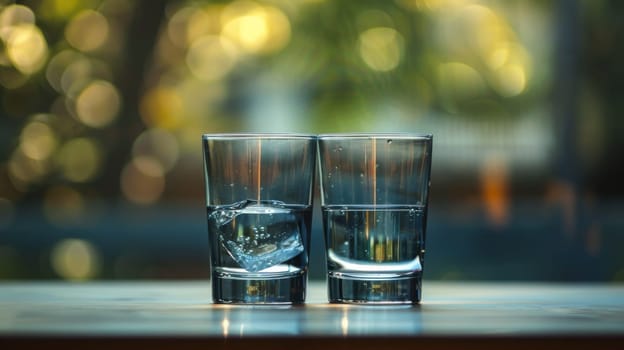 Two glasses of water with ice cubes in them on a table