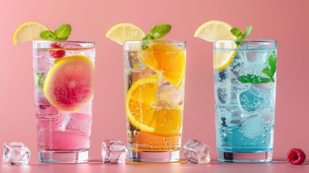 Three glasses of different colored drinks with ice cubes and fruit