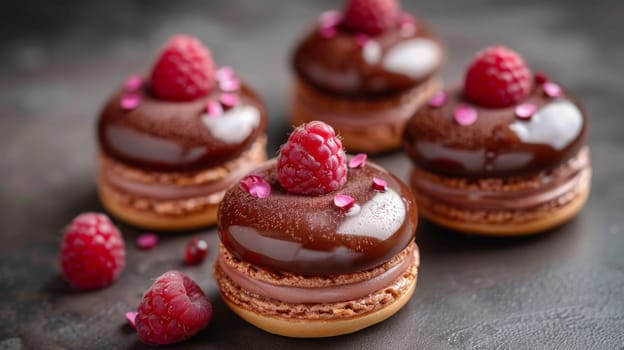 A group of chocolate covered pastries with raspberries on top