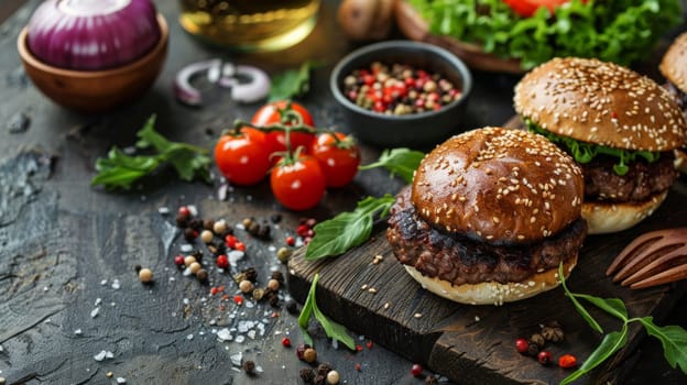 A close up of a burger with tomatoes, lettuce and onions