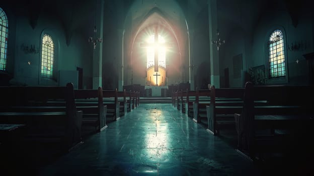 A church with a cross in the middle of it and empty pews
