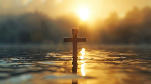 A cross in the middle of a lake with sun shining on it