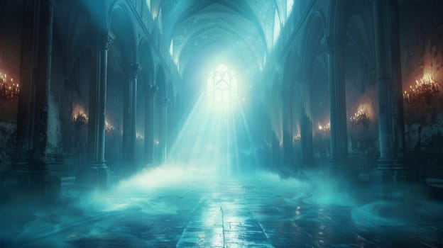 A church with stained glass windows and a light shining through