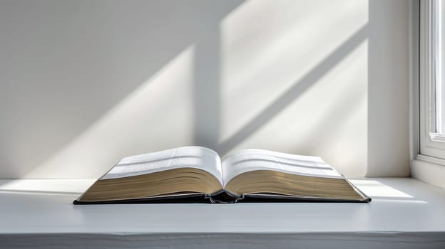 A book open on a white table with sunlight shining through the window