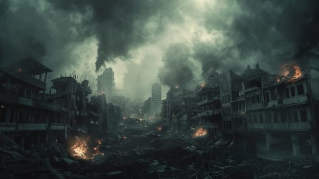 A city is on fire with buildings and people in it