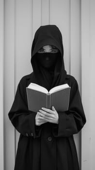 A person in a hooded robe holding an open book