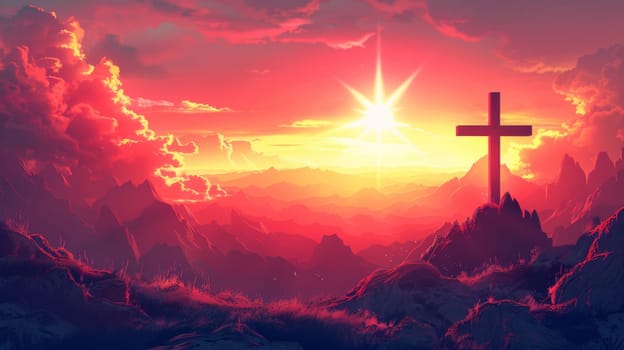 A cross is on top of a mountain with the sun setting behind it