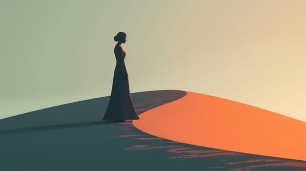 A woman in a long dress standing on top of an orange sand dune