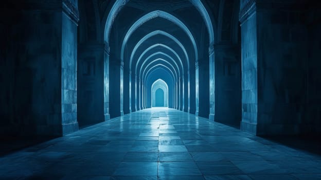 A long hallway with arches and windows in a dark room