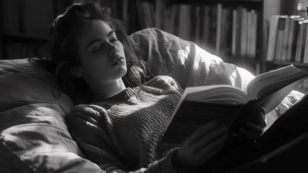A woman laying on a bed reading a book