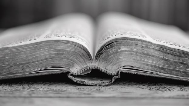 An open bible on a wooden table with the pages spread out