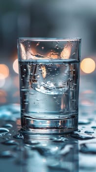 A glass of water with ice cubes in it on a table