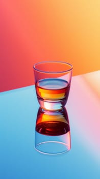 A glass of alcohol on a colorful background with reflections