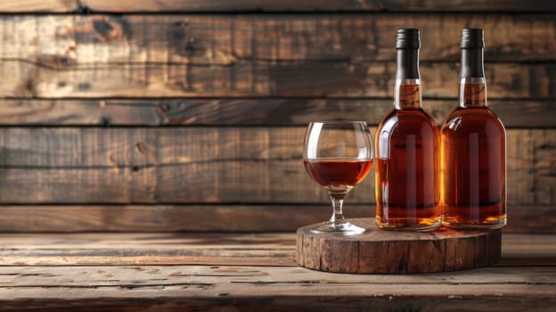 Two bottles of wine and a glass on wooden table