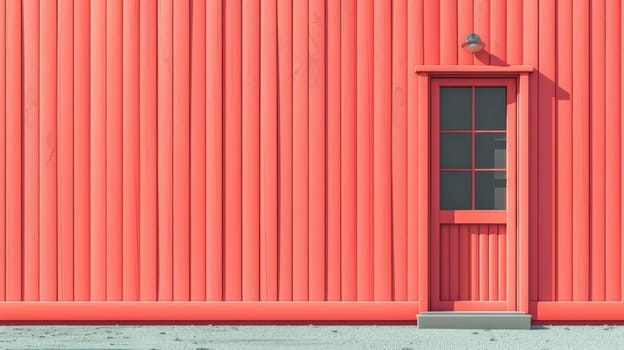 A red wall with a door and window on it