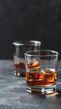 Two glasses of whiskey with ice cubes on a table