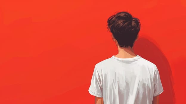 A man in a white shirt standing against an orange wall