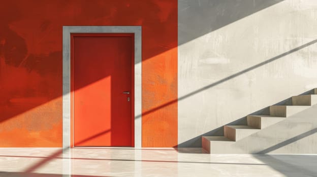 A red door in a white and orange room with stairs