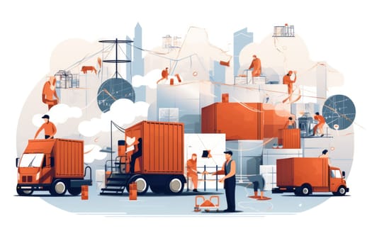 Supply chain cartoon illustration - AI generated. Warehouse, box, workers, chain.