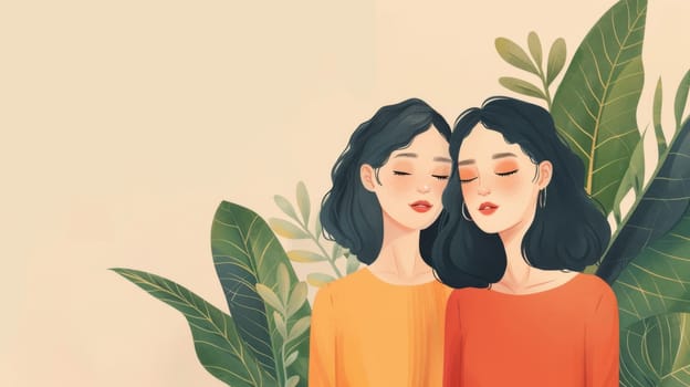 Two women hugging each other with leaves behind them