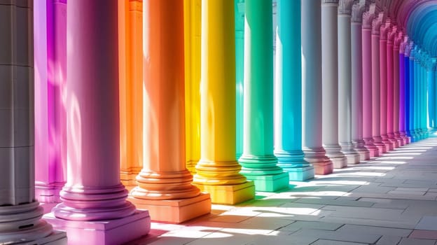 A row of colorful pillars in a hallway with sunlight shining through