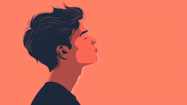 A man with a black shirt and short hair looking up
