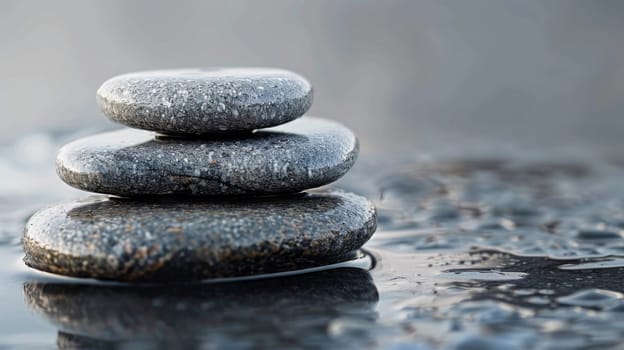 A stack of rocks sitting on top of a puddle