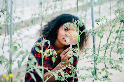 A black woman gardening enthusiast and farmer inspects flower growth in outdoor garden using magnifying glass. Her dedication to nature and sustainability embodies Earth Day and natural agriculture.