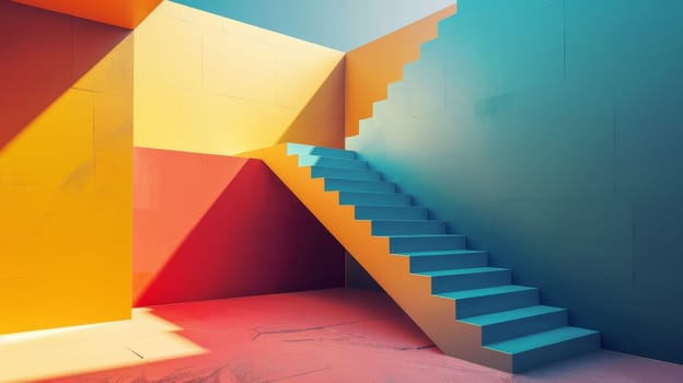 A stairway leading up to a room with bright colors