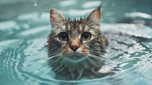 A cat swimming in a pool of water with its eyes open