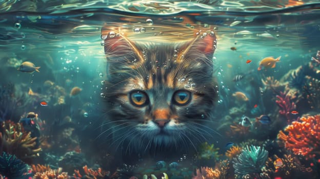 A cat is underwater in a sea of fish and coral