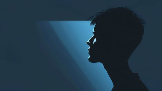 A silhouette of a man looking up at the light