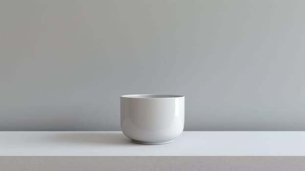 A white cup sitting on a shelf in front of an empty wall