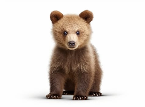 A photo-realistic image of a baby bear standing on all fours against a white background