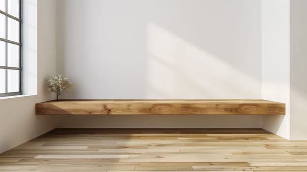 A white room with a wooden bench and window in the corner