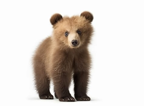 Adorable brown bear cub standing and looking at the camera, isolated on a white background