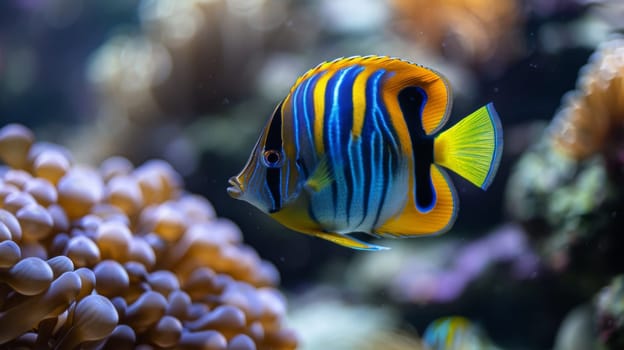 A colorful fish swimming in a tank with coral and other sea life
