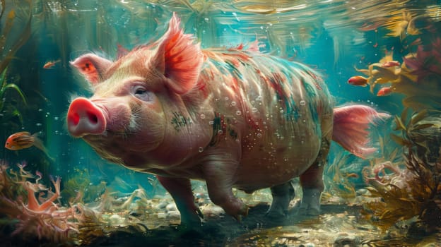 A large pig swimming in a sea of plants and fish